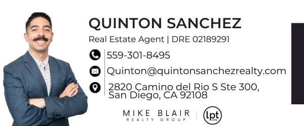 Quinton Sanchez business card banner with his photo, phone 559-301-8495, email, and San Diego office address