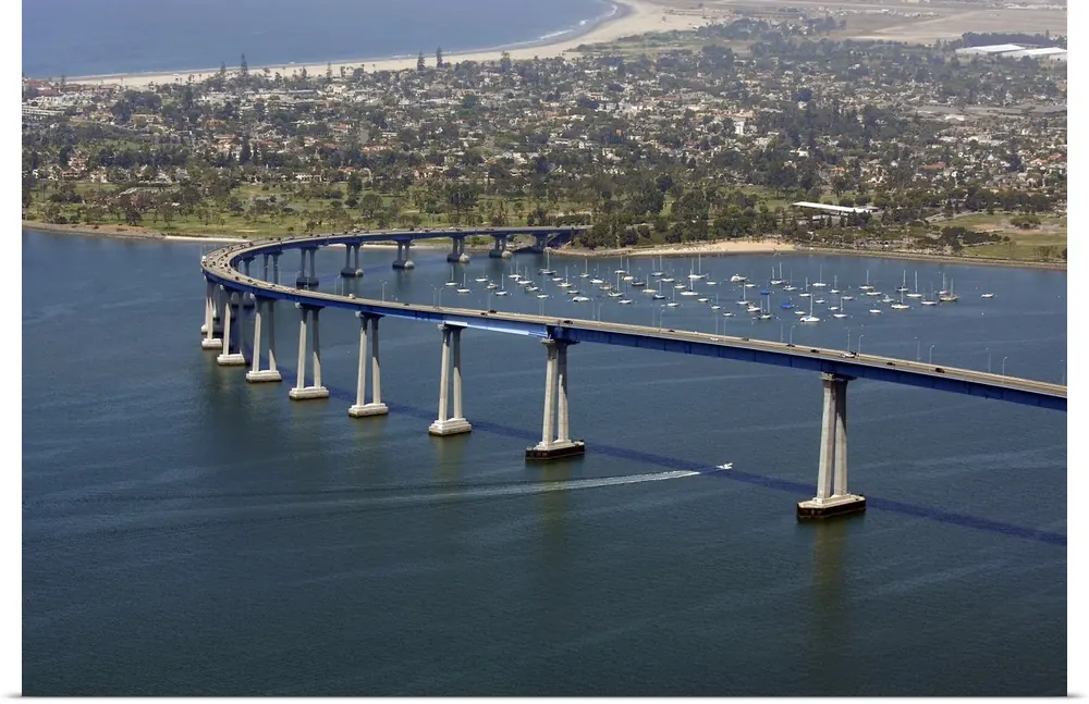 Aerial view of the San Diego–Coronado Bridge curving over the bay toward Coronado