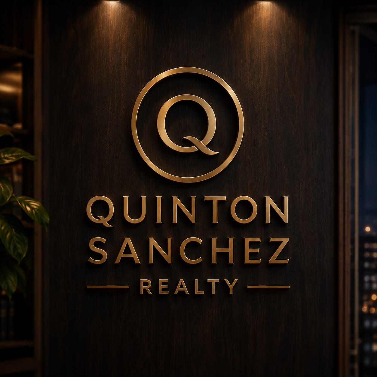 Quinton Sanchez Realty gold Q logo sign mounted on a dark wood wall